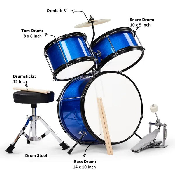Kids 3-Piece Junior Drum Set with stool,  pedal & drumsticks