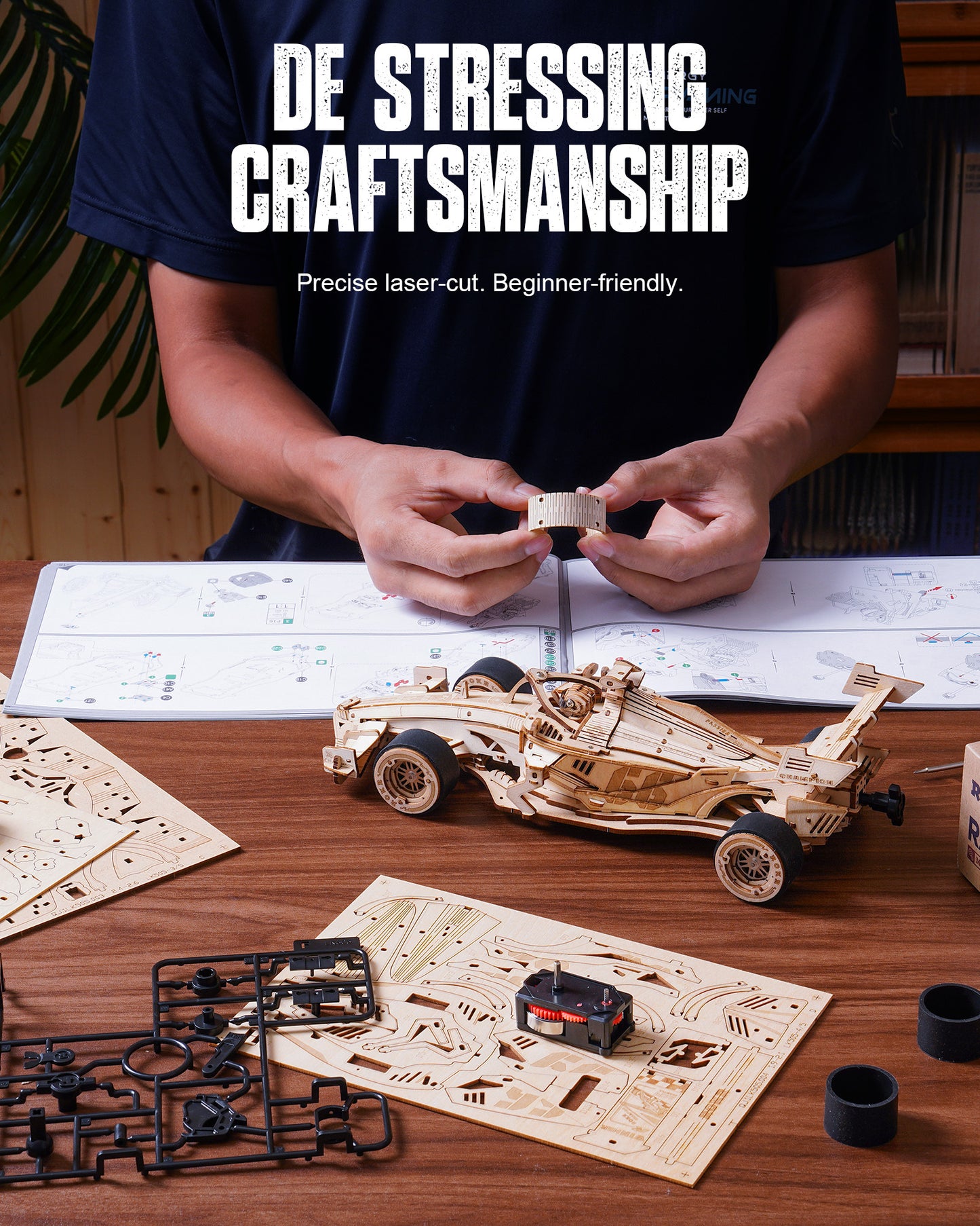 3D Wooden Puzzle – Racing Car Model Kit with Mechanical Engine (1:18 Scale)