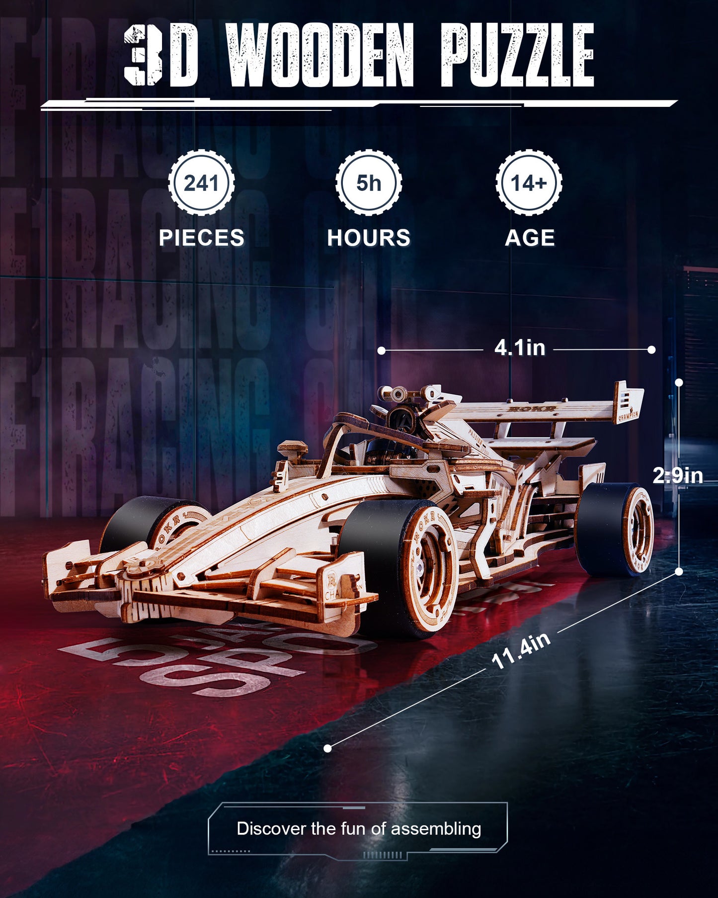 3D Wooden Puzzle – Racing Car Model Kit with Mechanical Engine (1:18 Scale)
