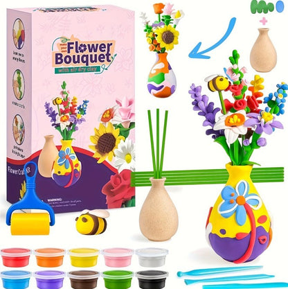 Air Dry Clay Vase Bouquet Craft Kit, 10 Pieces Modeling Clay Flower Art