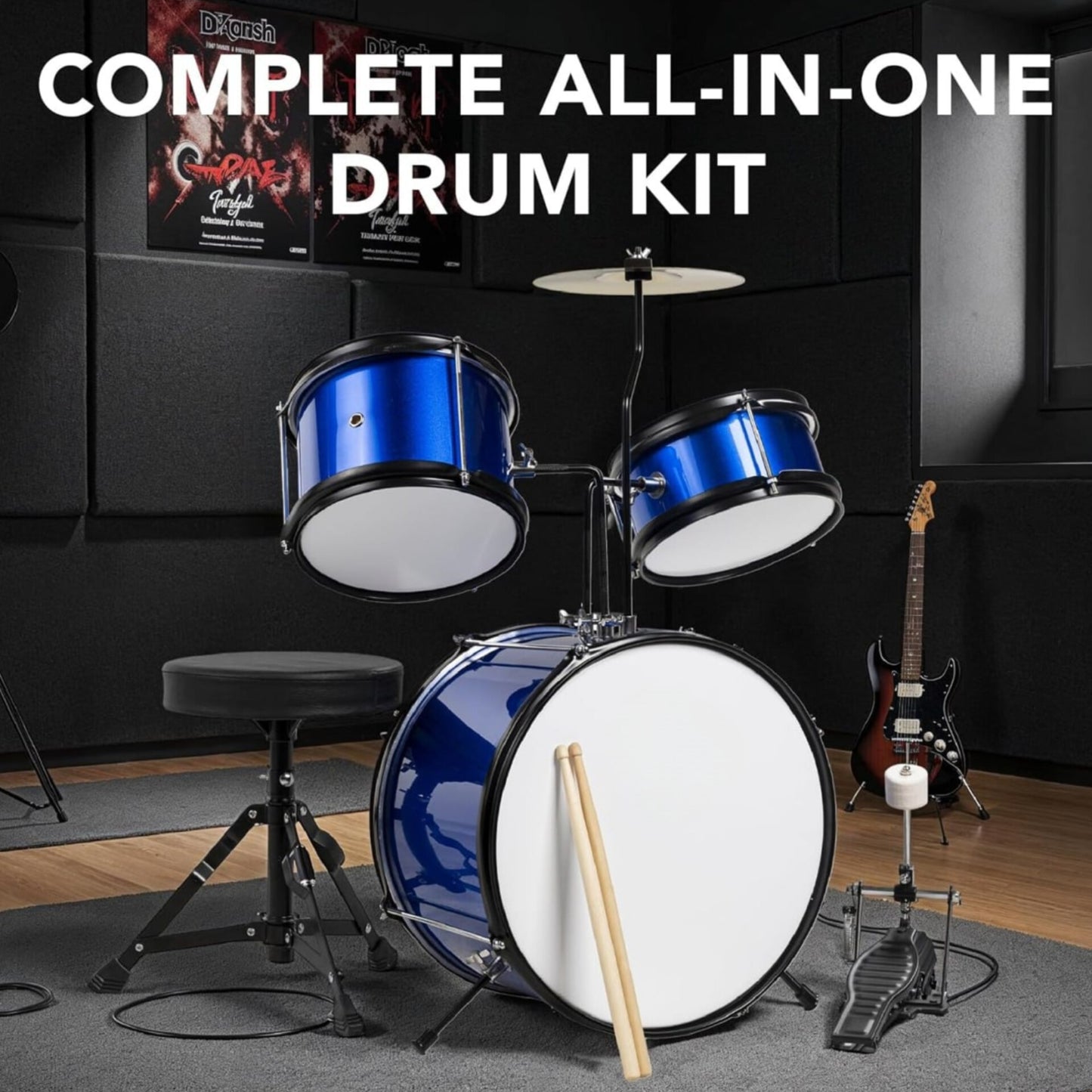 Kids 3-Piece Junior Drum Set with stool,  pedal & drumsticks