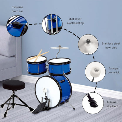 Kids 3-Piece Junior Drum Set with stool,  pedal & drumsticks