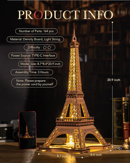 3D Wooden Puzzle – Night of the Eiffel Tower with LED Lights