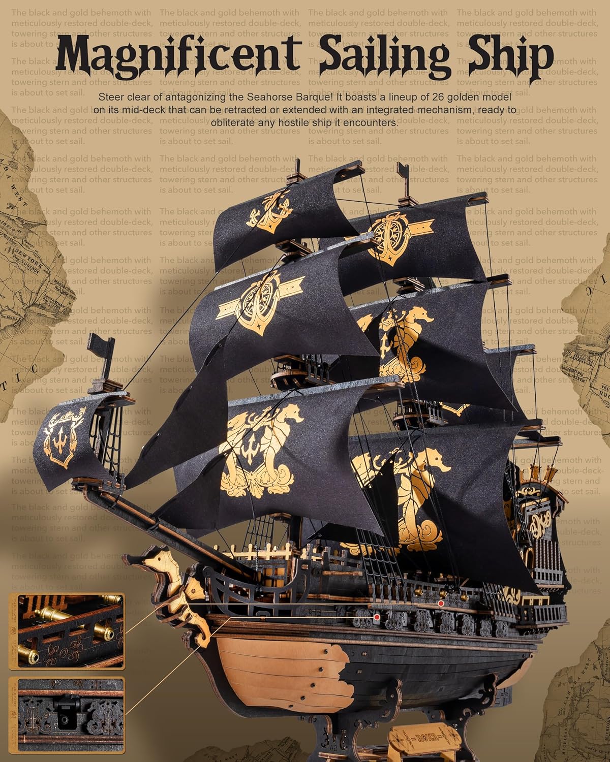 Seahorse Barque 3D Wooden Ship Puzzle – 603-Piece DIY Model Kit (1:100 Scale)